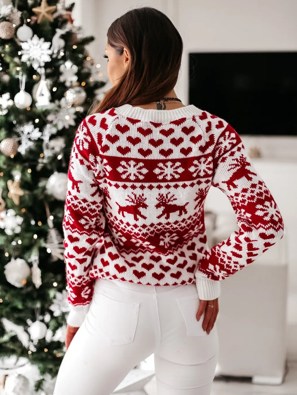 Damen Norweger Weihnachtspullover Rot-Weiß mit Herzen & Rentier – Strickpullover, Winter