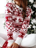 Damen Norweger Weihnachtspullover Rot-Weiß mit Herzen & Rentier – Strickpullover, Winter