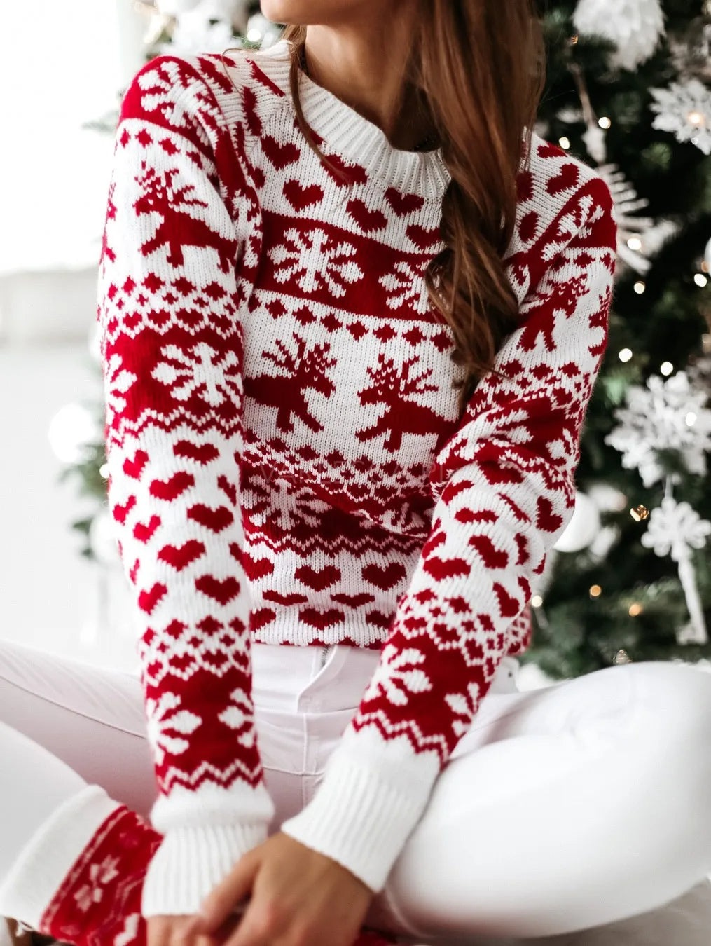 Damen Norweger Weihnachtspullover Rot-Weiß mit Herzen & Rentier – Strickpullover, Winter