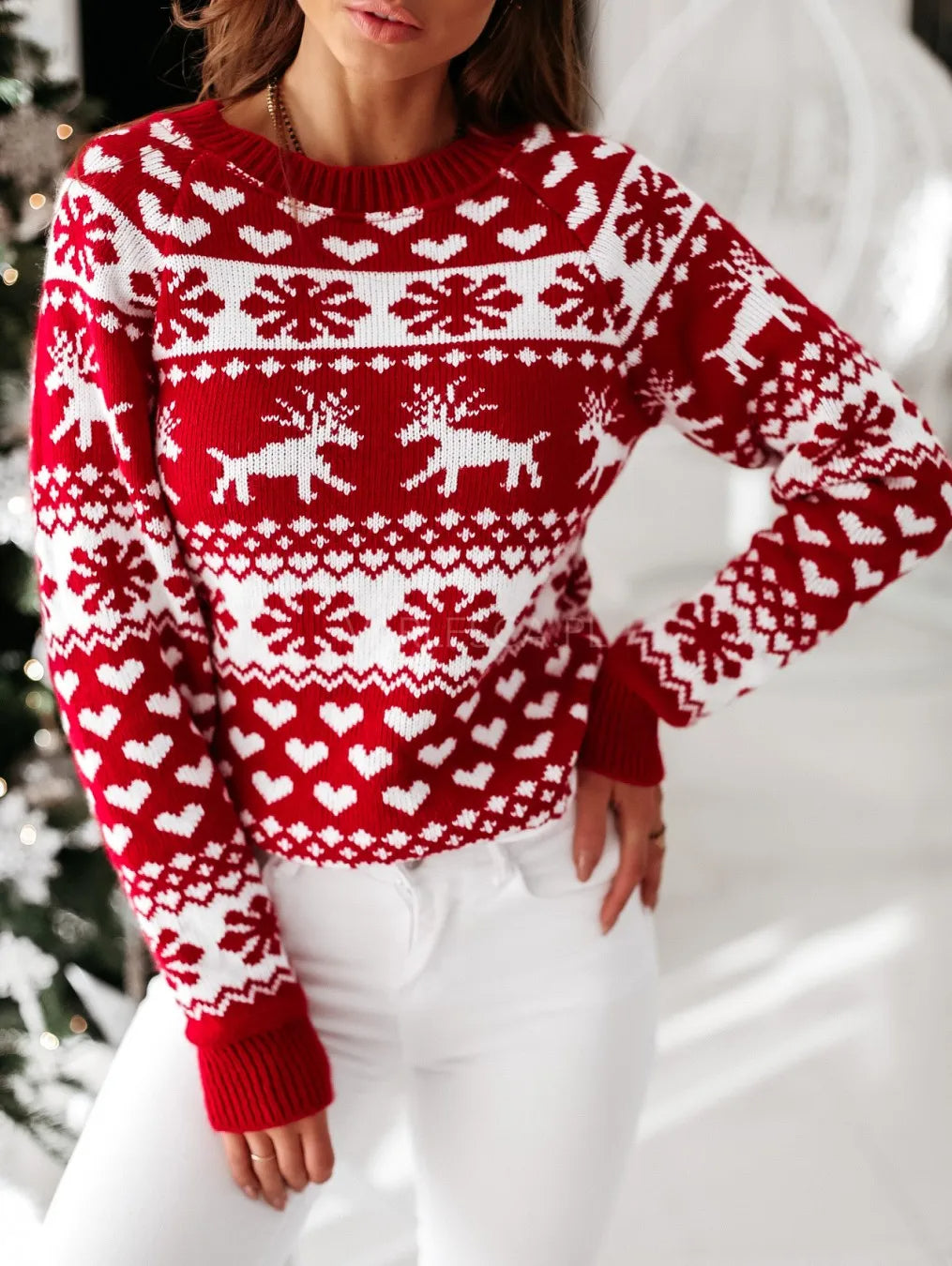 Damen Norweger Weihnachtspullover Rot-Weiß mit Herzen & Rentier – Strickpullover, Winter