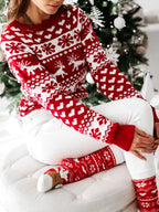 Damen Norweger Weihnachtspullover Rot-Weiß mit Herzen & Rentier – Strickpullover, Winter