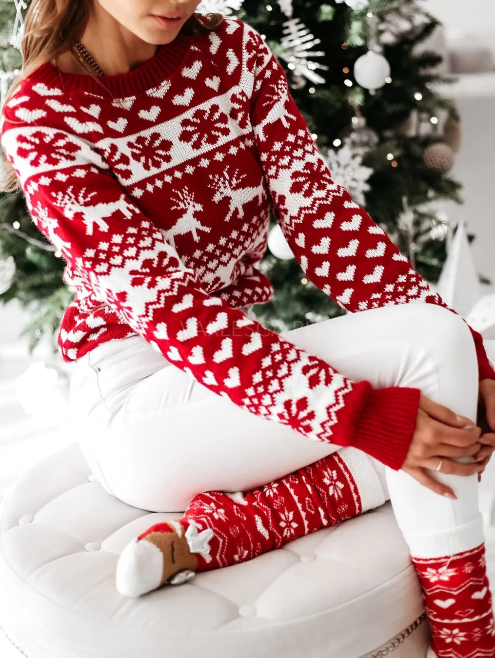 Damen Norweger Weihnachtspullover Rot-Weiß mit Herzen & Rentier – Strickpullover, Winter