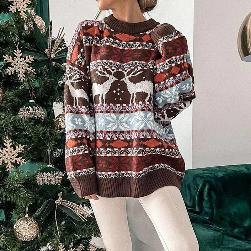 Damen Norweger Weihnachtspullover mit Rentiermuster – Strickpullover, Winter, Lockere Passform