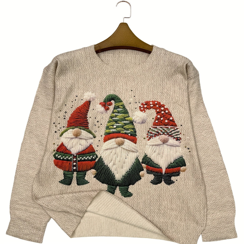 Damen Weihnachtspullover Beige mit gestickten Wichteln – Strickpullover, Winter, Langarm