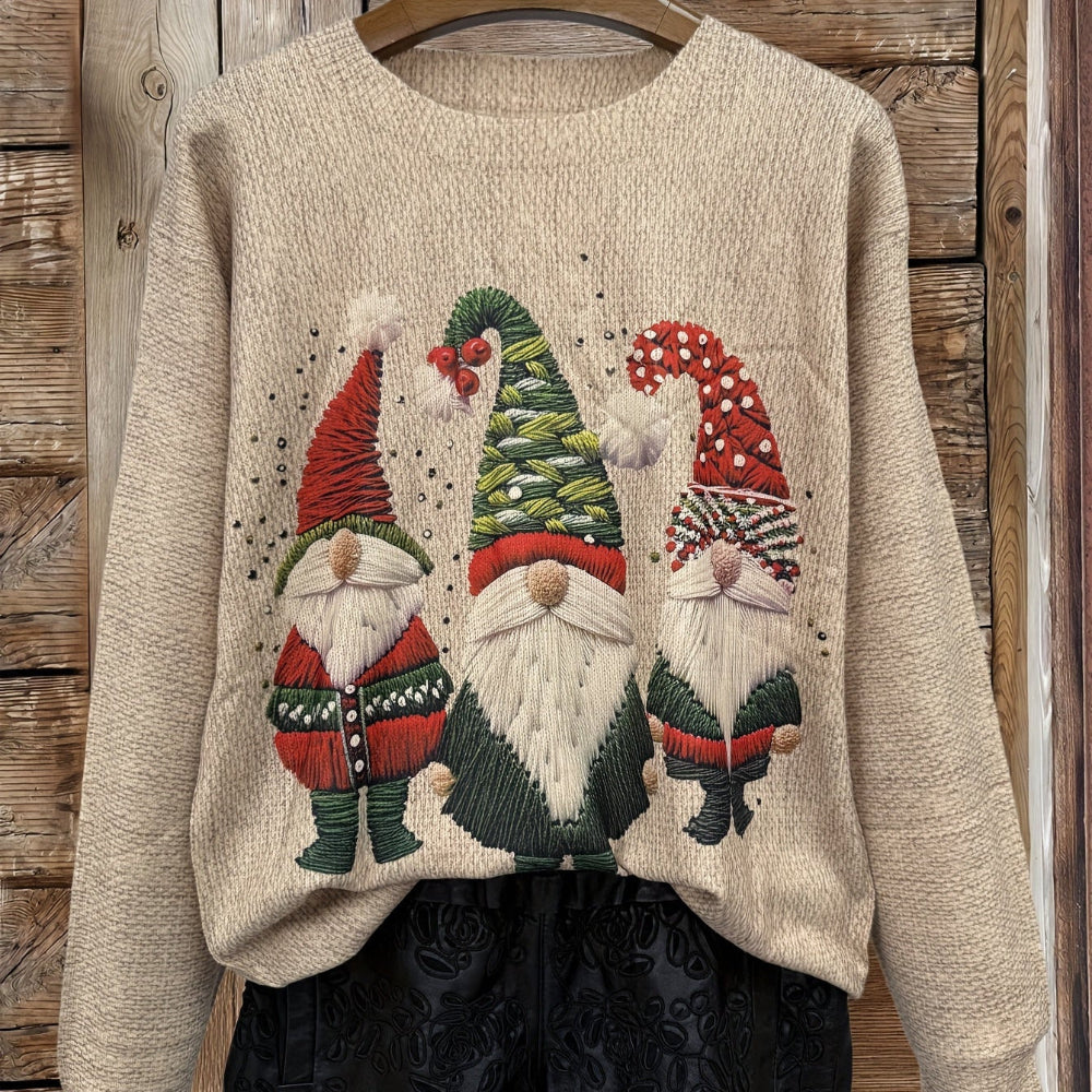 Damen Weihnachtspullover Beige mit gestickten Wichteln – Strickpullover, Winter, Langarm