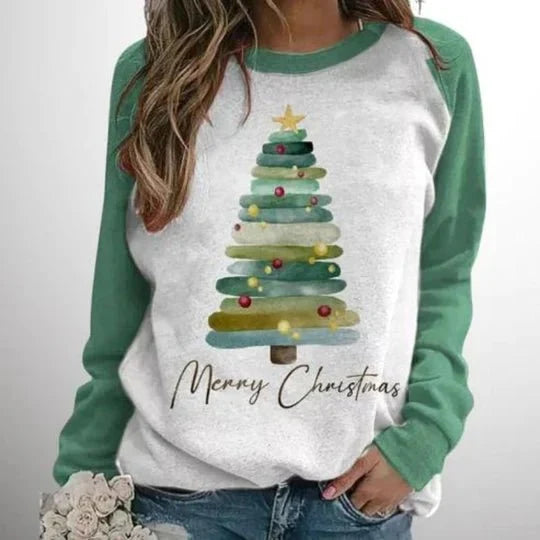 Damen Weihnachts-Sweatshirt mit Tannenbaum-Print – Merry Christmas Raglan Pullover, Langarm