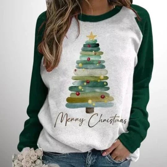 Damen Weihnachts-Sweatshirt mit Tannenbaum-Print – Merry Christmas Raglan Pullover, Langarm