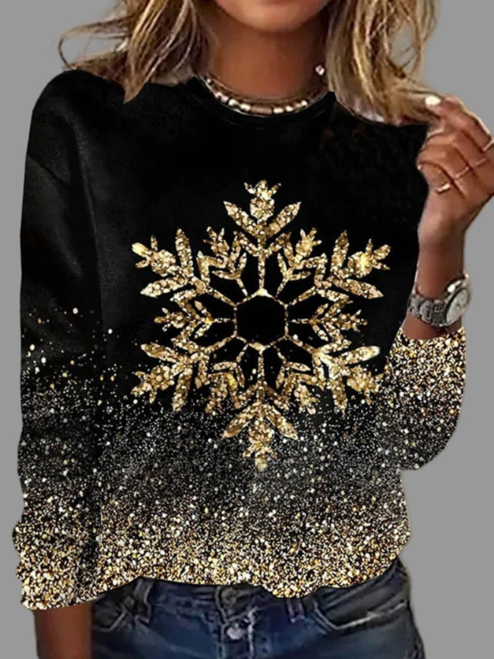 Damen Weihnachtspullover Schwarz mit goldener Schneeflocke – Festlicher Winterpullover, Langarm