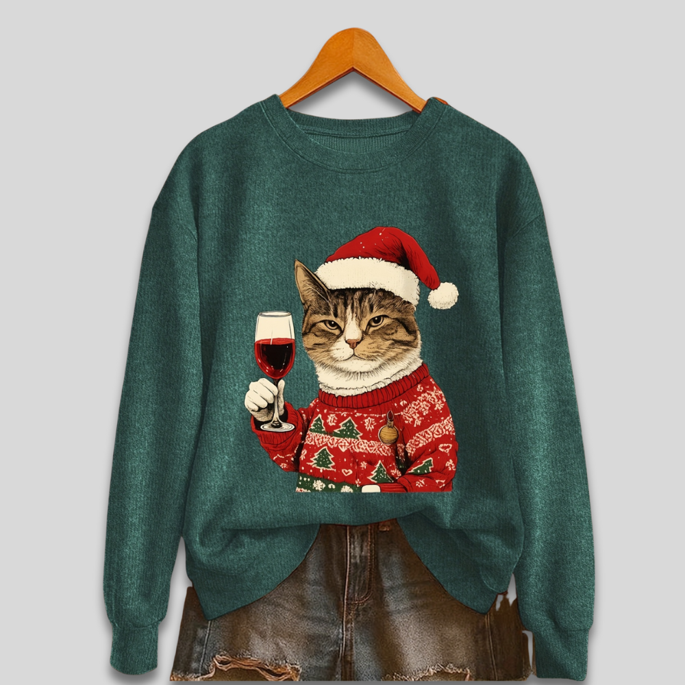 Damen Weihnachtspullover mit lustiger Katze und Weinglas – Ugly Christmas Sweater, Langarm