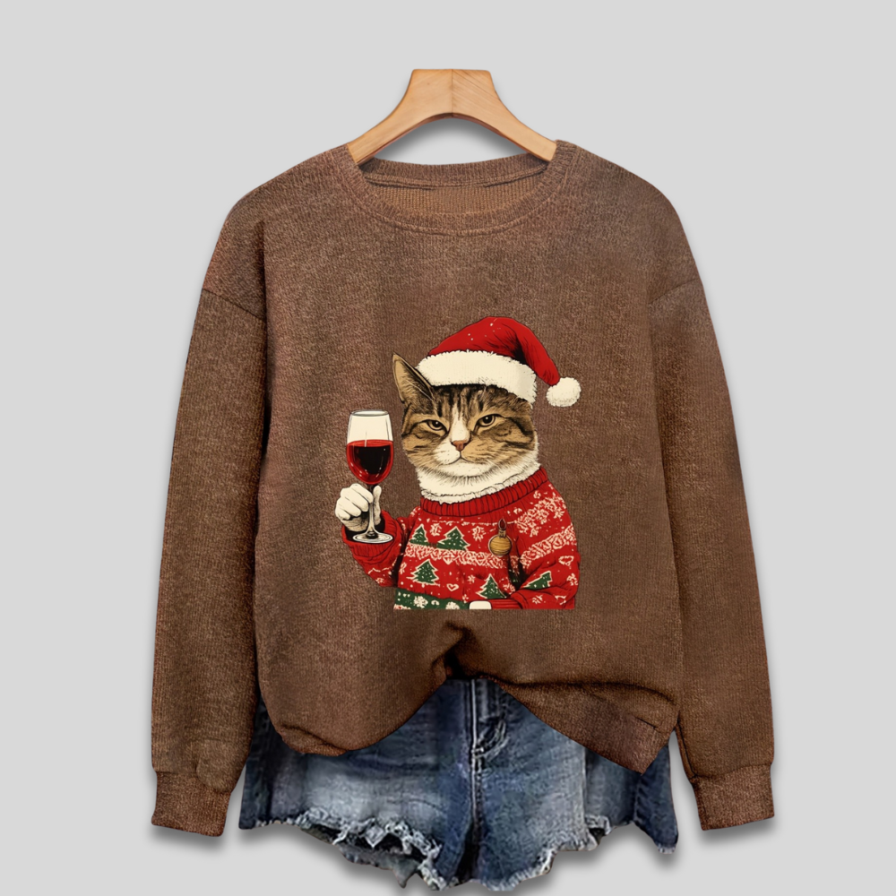 Damen Weihnachtspullover mit lustiger Katze und Weinglas – Ugly Christmas Sweater, Langarm