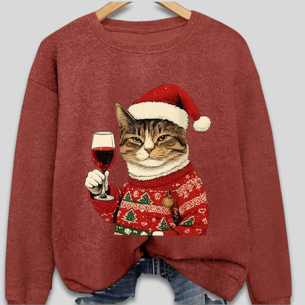 Damen Weihnachtspullover mit lustiger Katze und Weinglas – Ugly Christmas Sweater, Langarm