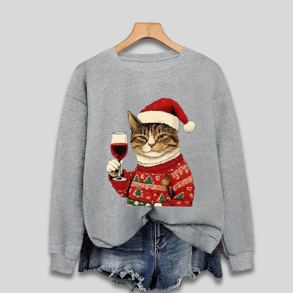 Damen Weihnachtspullover mit lustiger Katze und Weinglas – Ugly Christmas Sweater, Langarm