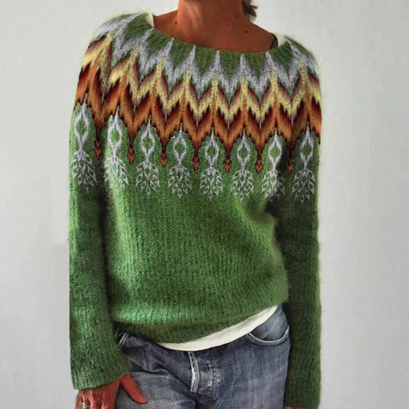 Damen Norweger Pullover mit Rundpasse – Strickpullover mit nordischem Muster, Winter, Locker