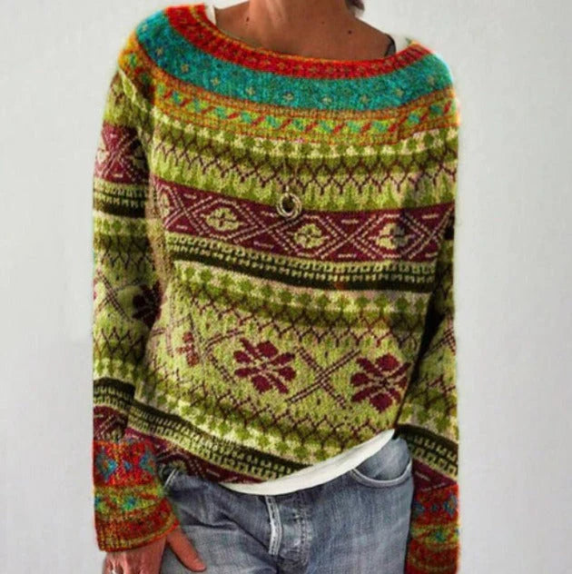 Damen Norweger Pullover mit Rundpasse – Strickpullover mit nordischem Muster, Winter, Locker