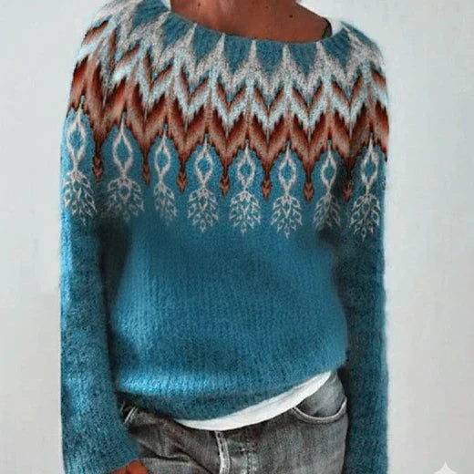 Damen Norweger Pullover mit Rundpasse – Strickpullover mit nordischem Muster, Winter, Locker