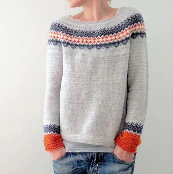 Damen Norweger Pullover mit Rundpasse – Strickpullover mit nordischem Muster, Winter, Locker