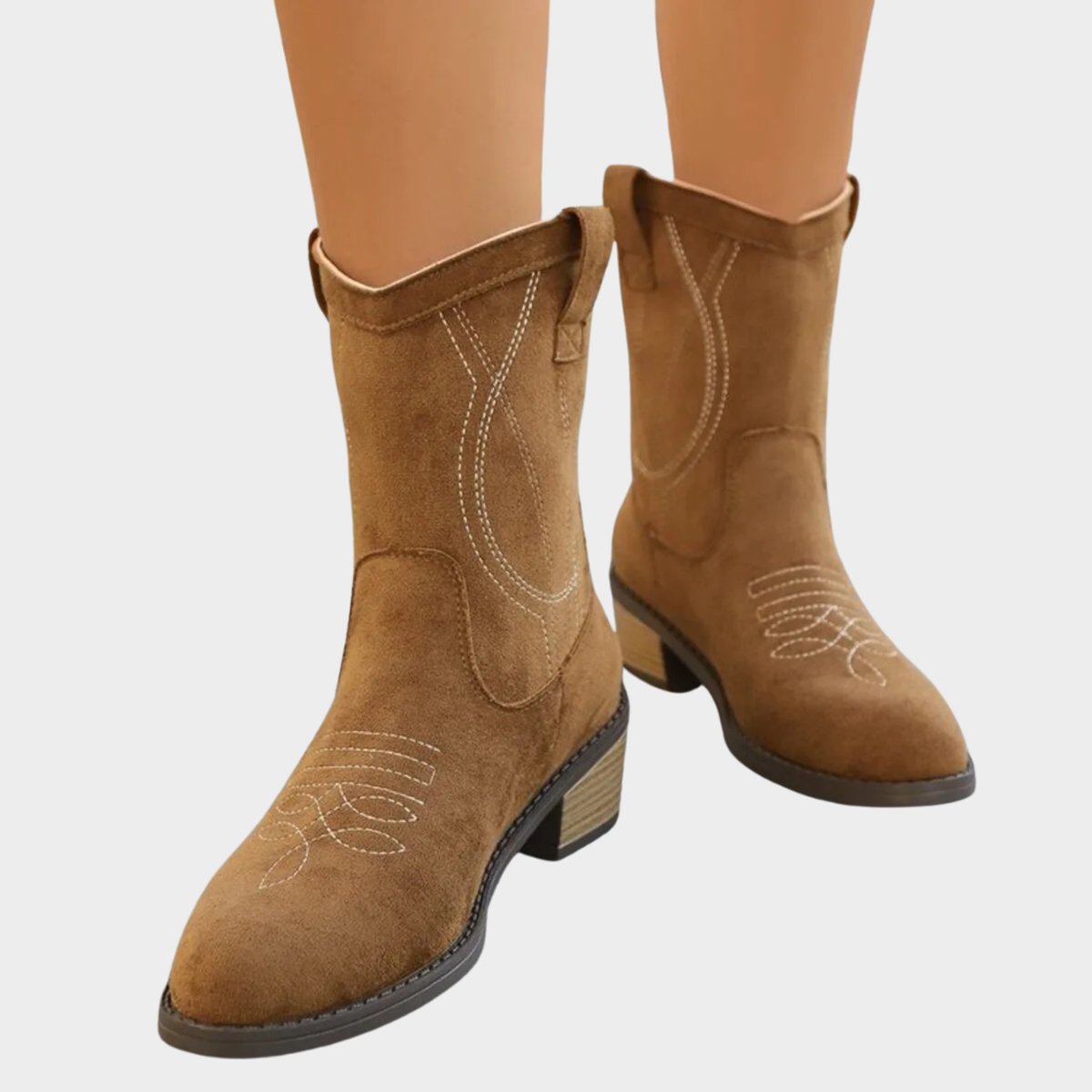 Damen Western Ankle Boots mit Steppdetails und Blockabsatz