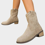 Damen Western Ankle Boots mit Steppdetails und Blockabsatz