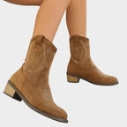 Damen Western Ankle Boots mit Steppdetails und Blockabsatz
