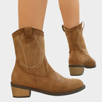 Damen Western Ankle Boots mit Steppdetails und Blockabsatz