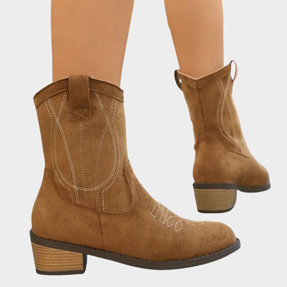 Damen Western Ankle Boots mit Steppdetails und Blockabsatz