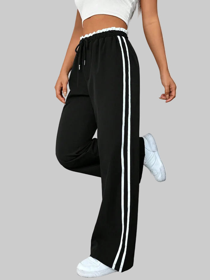 Damen Wide Leg Jogginghose mit Seitenstreifen und Kordelzug – Track Pants mit elastischem Bund