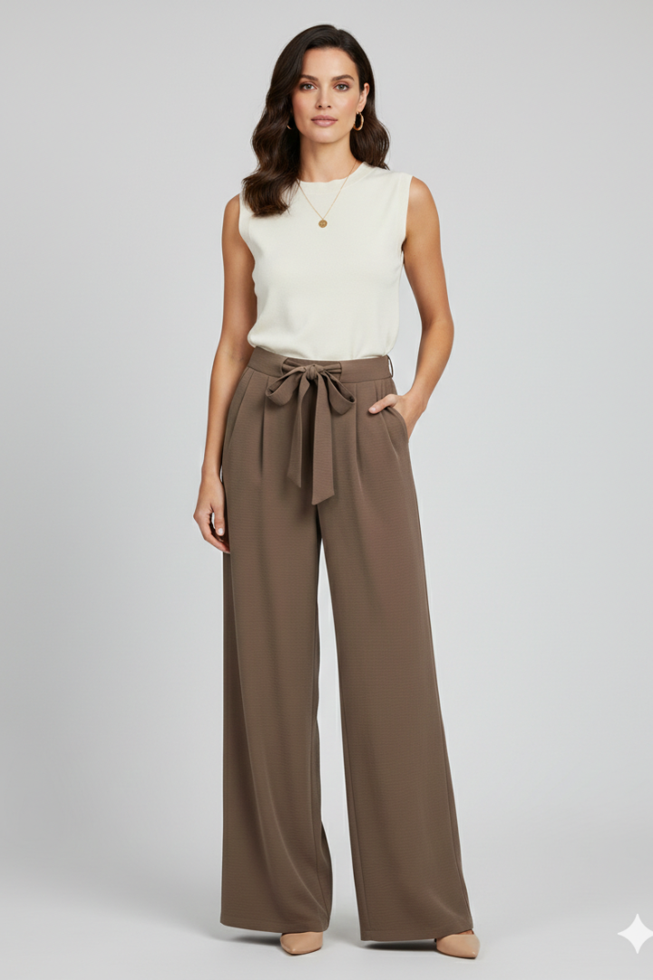 Damen Palazzohose Wide Leg mit Bindegürtel und Bundfalten – High Waist Stoffhose