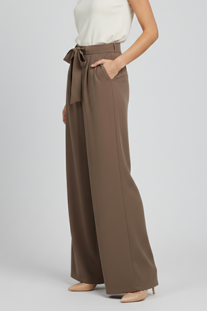 Damen Palazzohose Wide Leg mit Bindegürtel und Bundfalten – High Waist Stoffhose
