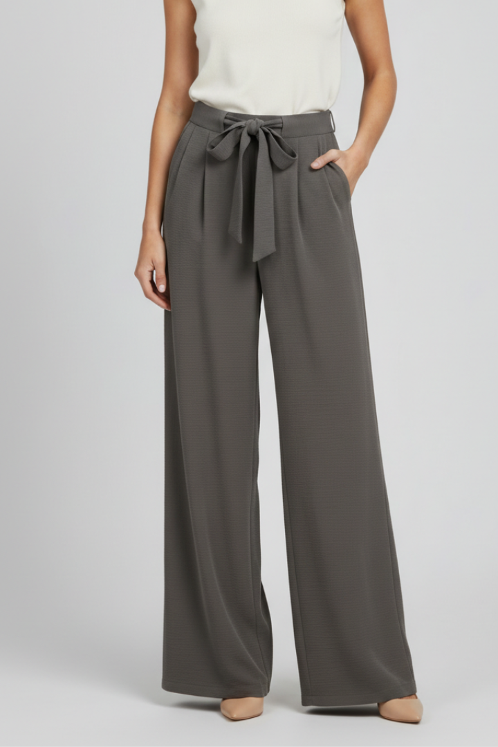 Damen Palazzohose Wide Leg mit Bindegürtel und Bundfalten – High Waist Stoffhose