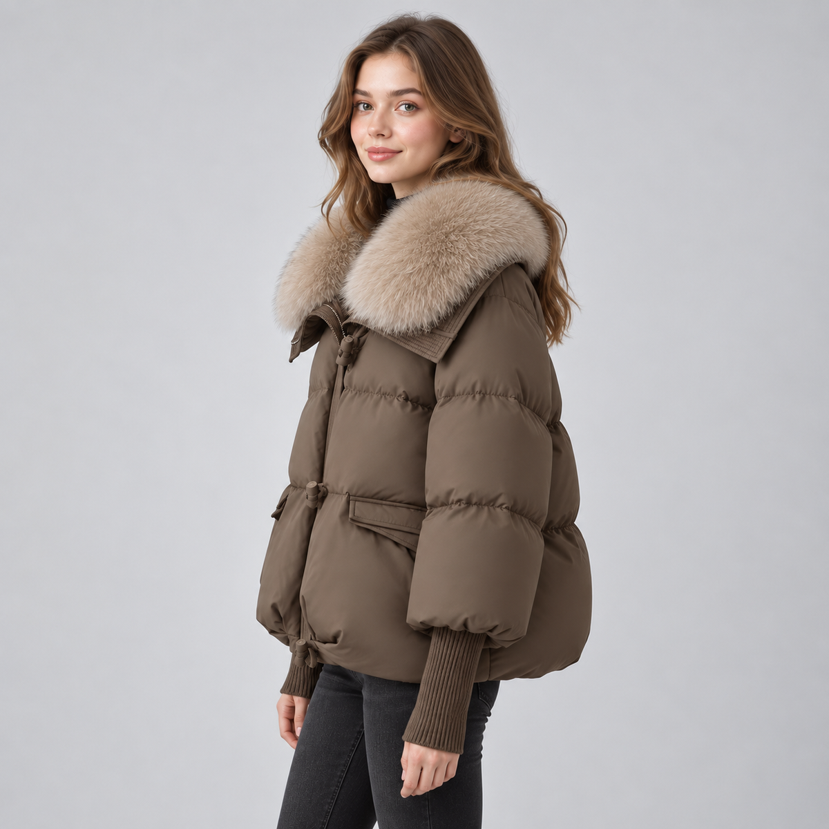 Damen Kurze Steppjacke mit großem Kunstfellkragen – Warme Winterjacke mit Wattierung