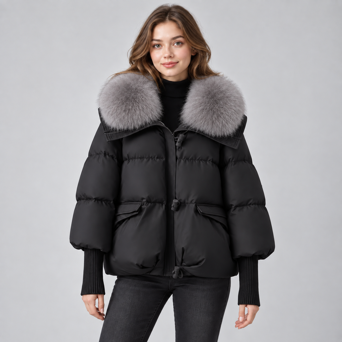 Damen Kurze Steppjacke mit großem Kunstfellkragen – Warme Winterjacke mit Wattierung