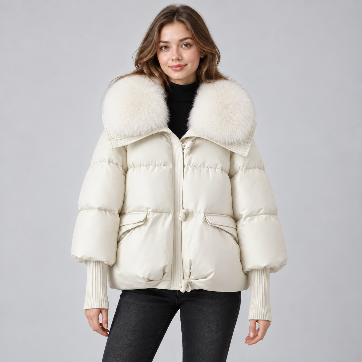 Damen Kurze Steppjacke mit großem Kunstfellkragen – Warme Winterjacke mit Wattierung