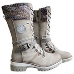 Damen Winterstiefel mit Strickbündchen und Schnürung – Wadenhohe Schnürstiefel mit Profilsohle