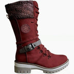 Damen Winterstiefel mit Strickbündchen und Schnürung – Wadenhohe Schnürstiefel mit Profilsohle