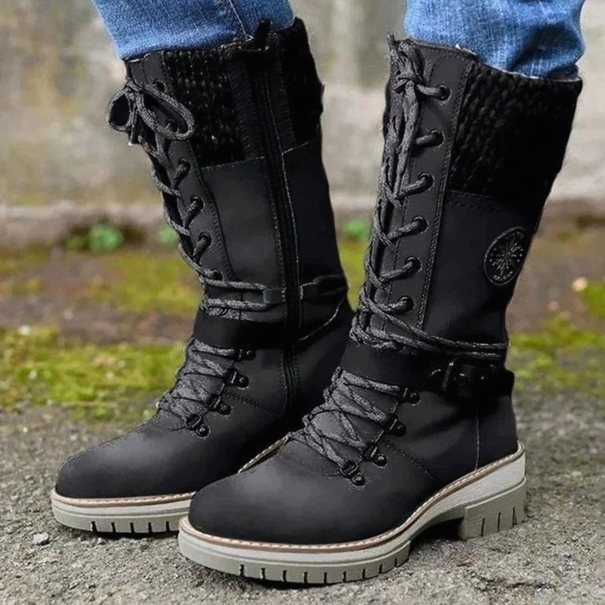Damen Winterstiefel mit Strickbündchen und Schnürung – Wadenhohe Schnürstiefel mit Profilsohle