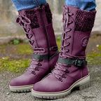 Damen Winterstiefel mit Strickbündchen und Schnürung – Wadenhohe Schnürstiefel mit Profilsohle