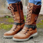Damen Winterstiefel mit Strickbündchen und Schnürung – Wadenhohe Schnürstiefel mit Profilsohle