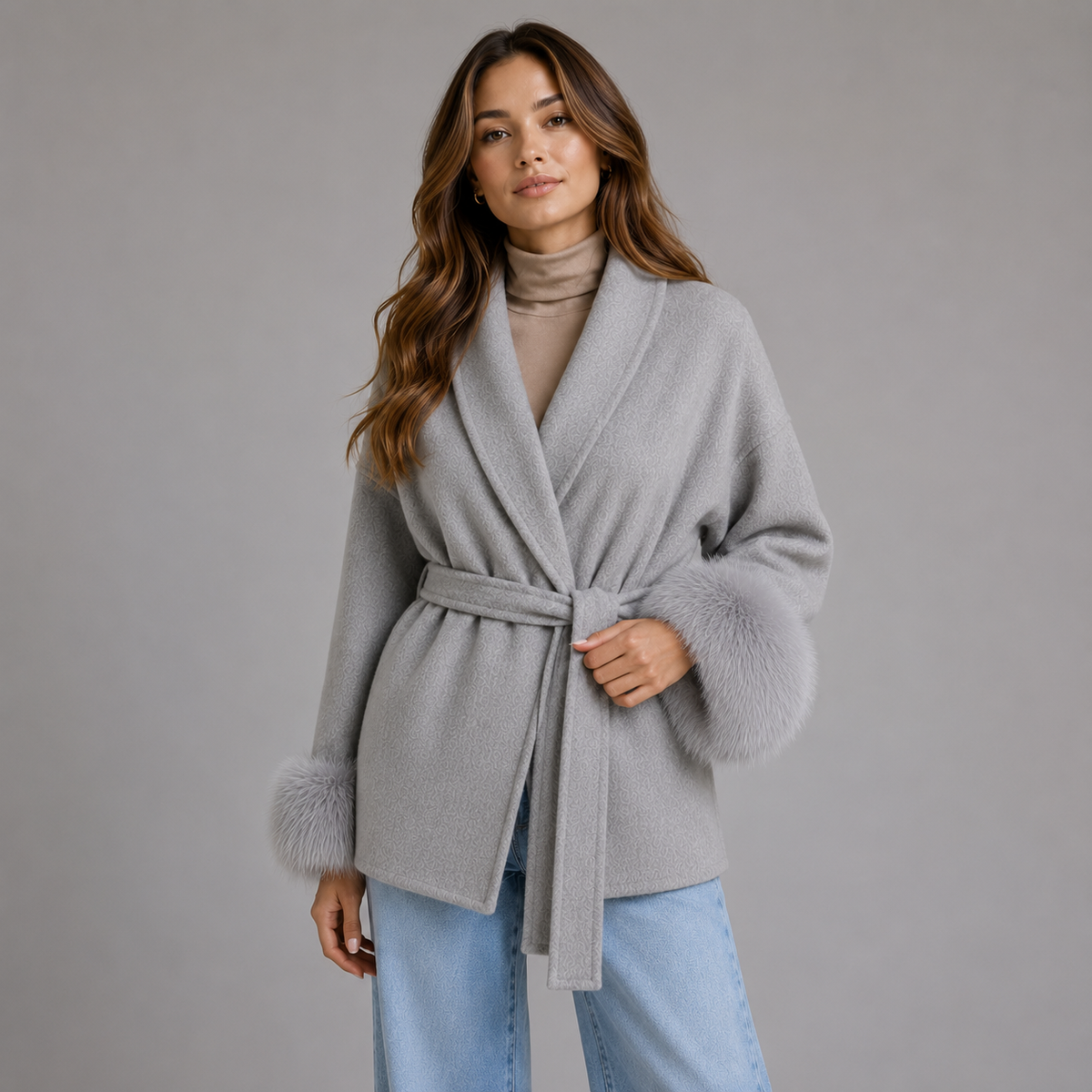 Damen Kurzer Wickelmantel aus Wollmischung – Mantel mit Bindegürtel und Kunstfellmanschetten, Winter