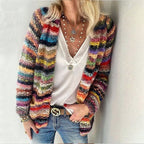 Damen bunter Strickcardigan mit langen Ärmeln und lockerer Passform