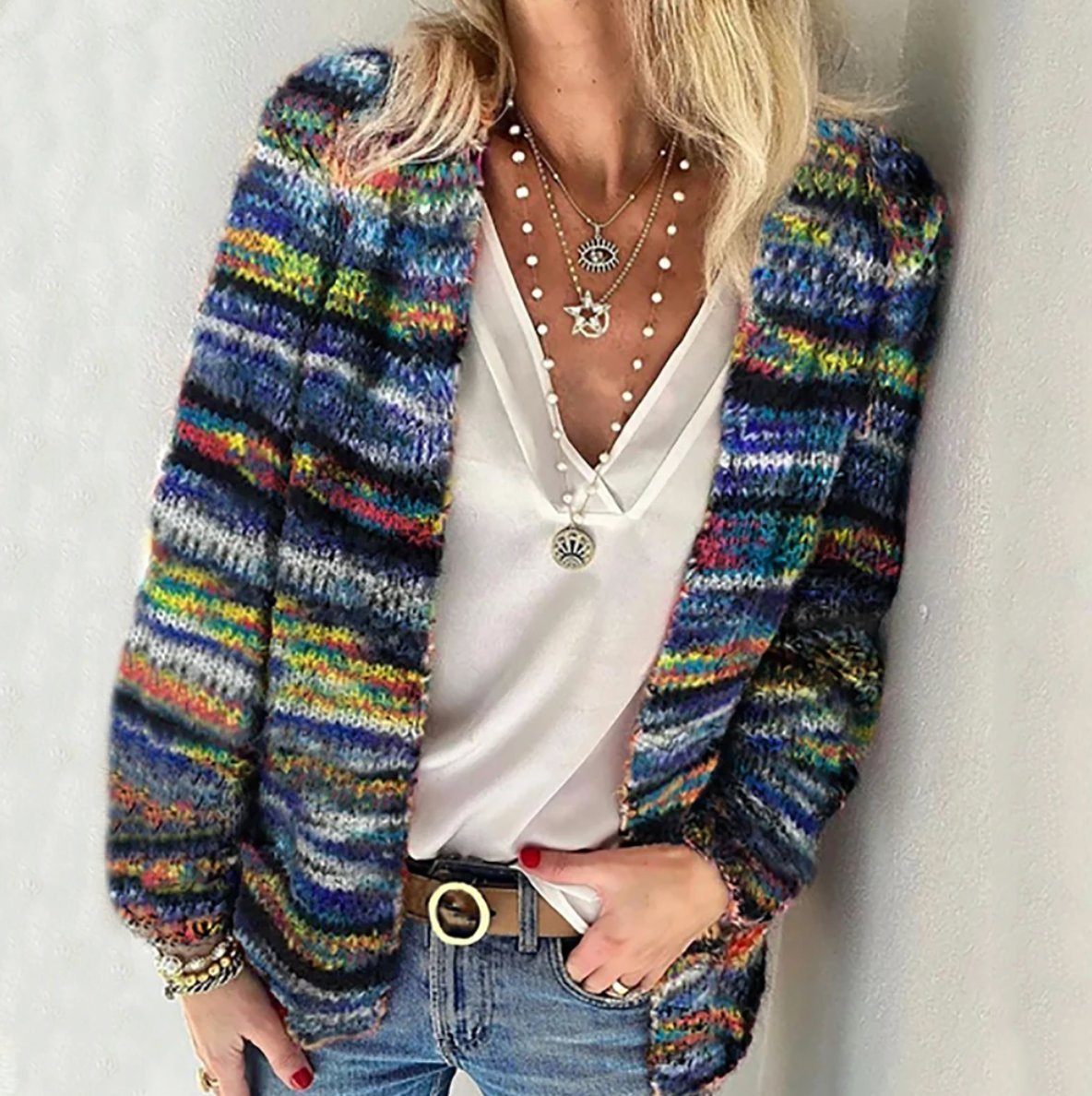 Damen bunter Strickcardigan mit langen Ärmeln und lockerer Passform