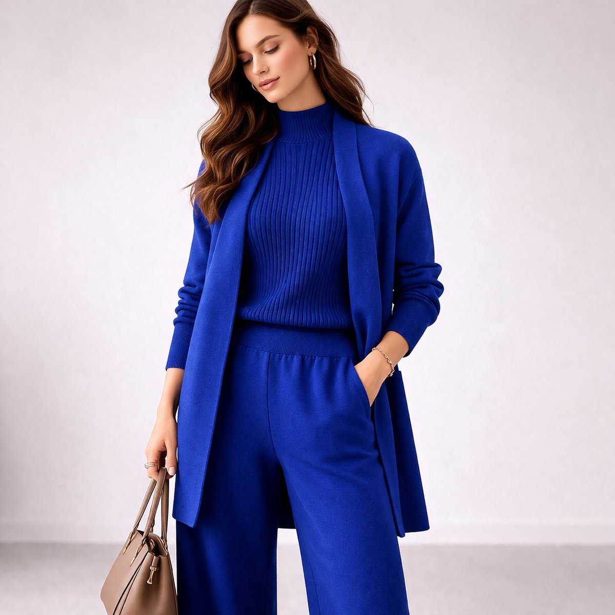 Damen dreiteiliges Strick-Loungewear-Set mit langem Cardigan