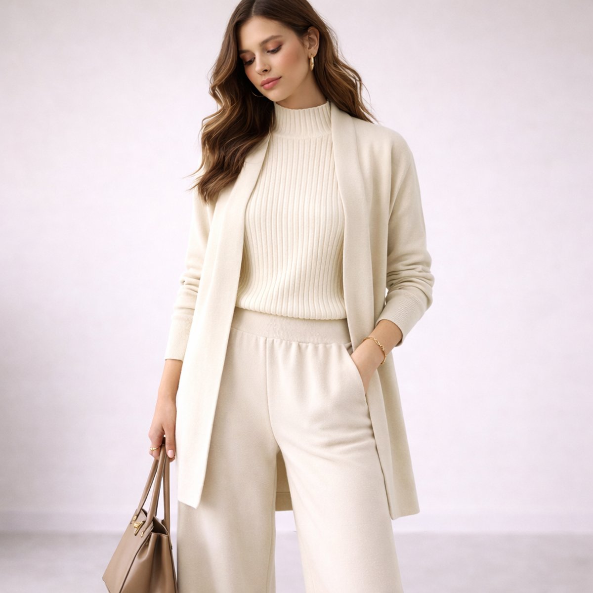 Damen dreiteiliges Strick-Loungewear-Set mit langem Cardigan