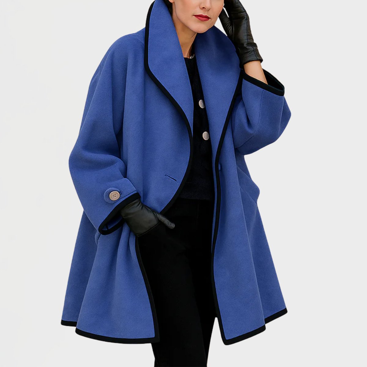 Damen eleganter Mantel mit Kontrastkanten, großem Revers und Knopfverschluss