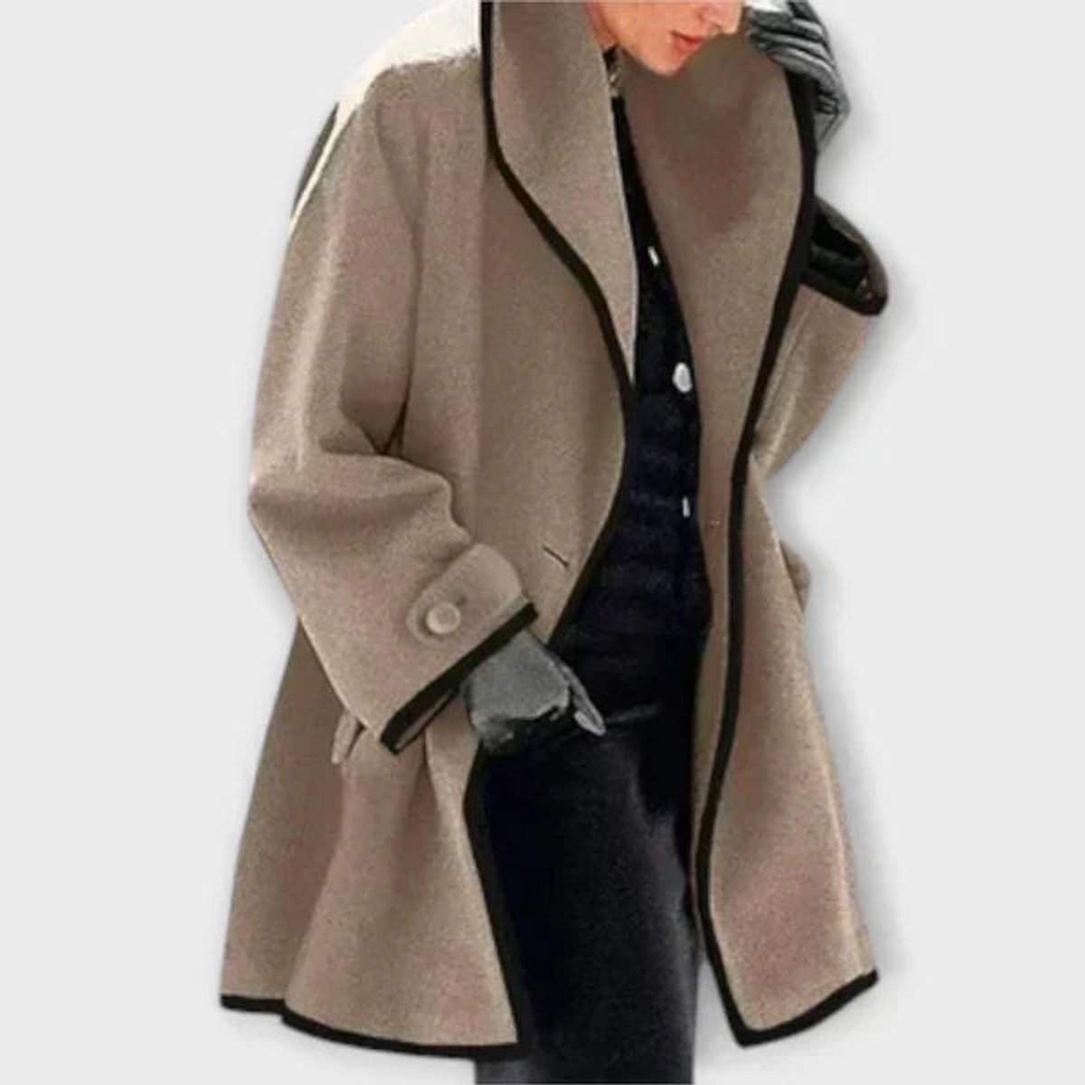 Damen eleganter Mantel mit Kontrastkanten, großem Revers und Knopfverschluss