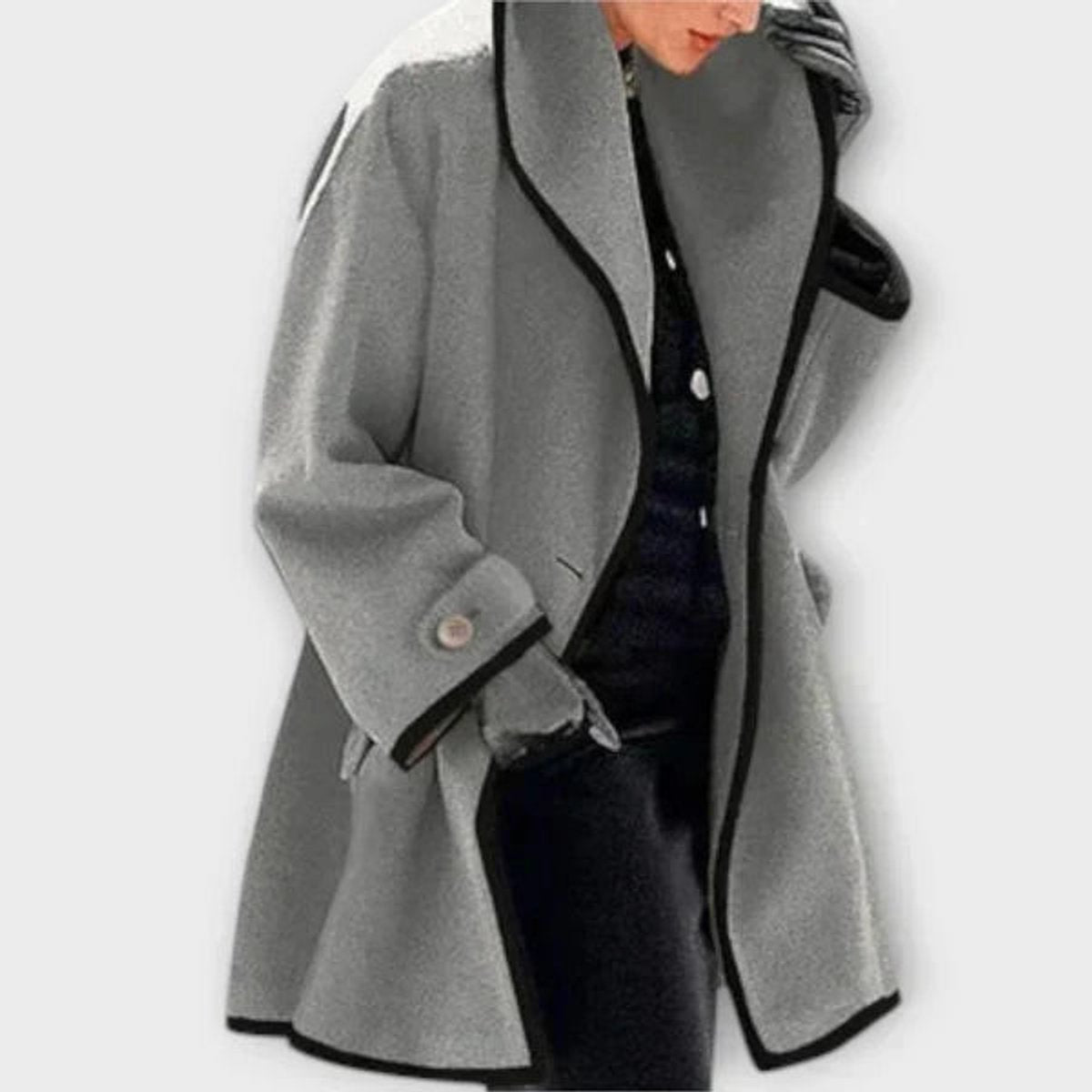 Damen eleganter Mantel mit Kontrastkanten, großem Revers und Knopfverschluss
