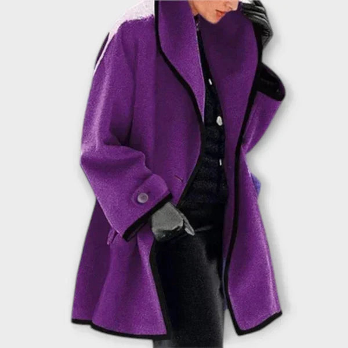 Damen eleganter Mantel mit Kontrastkanten, großem Revers und Knopfverschluss