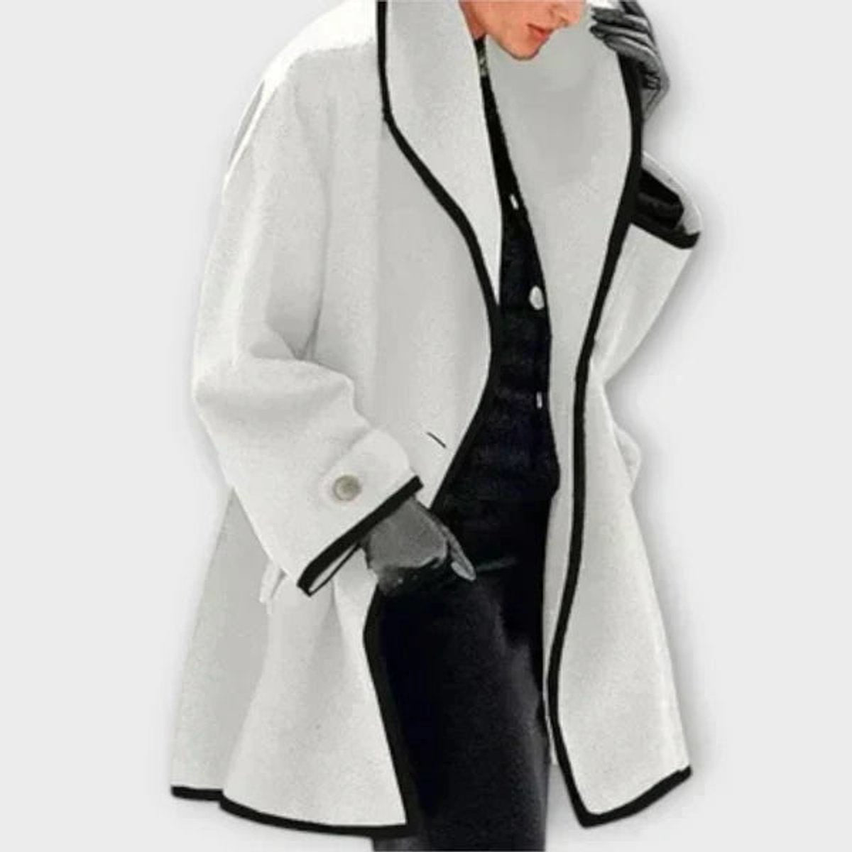 Damen eleganter Mantel mit Kontrastkanten, großem Revers und Knopfverschluss