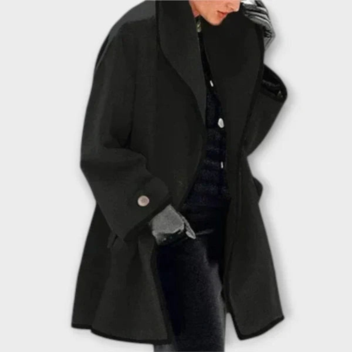 Damen eleganter Mantel mit Kontrastkanten, großem Revers und Knopfverschluss