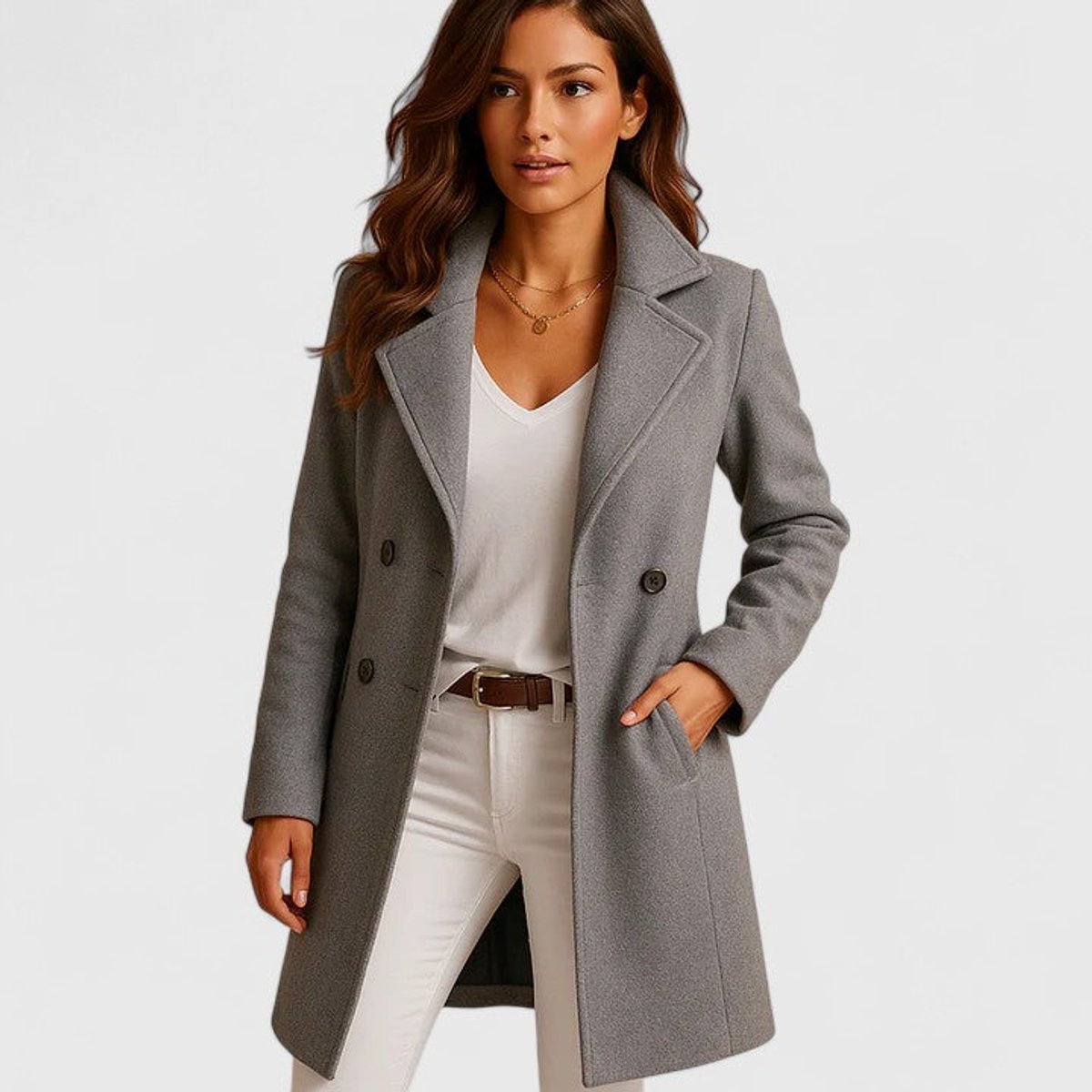 Damen eleganter langer Mantel mit Reverskragen, Knopfleiste und tailliertem Schnitt