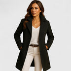 Damen eleganter langer Mantel mit Reverskragen, Knopfleiste und tailliertem Schnitt